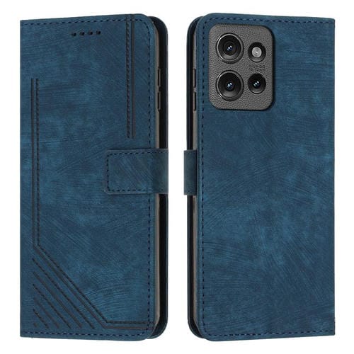 Funda de Cuero Motorola Moto G Power/G Play (2025) con Diseño de Rayas y Cordón (Azul)