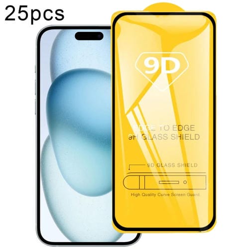 Película de Vidrio Templado 9D para iPhone 15/15 Pro con Pegamento Completo (25 Piezas) - MOVILSTORE