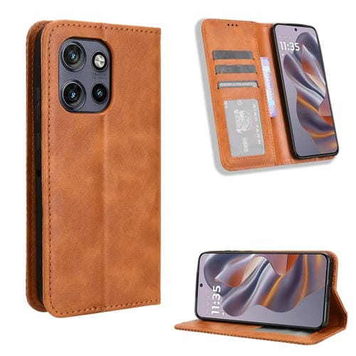 Funda de Cuero Motorola S50 5G Edge 50 Neo Textura Retro Hebilla Magnética (Marrón)