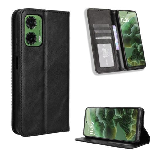 Funda de Cuero Motorola Moto G35 5G con Textura Retro y Hebilla Magnética (Negra)