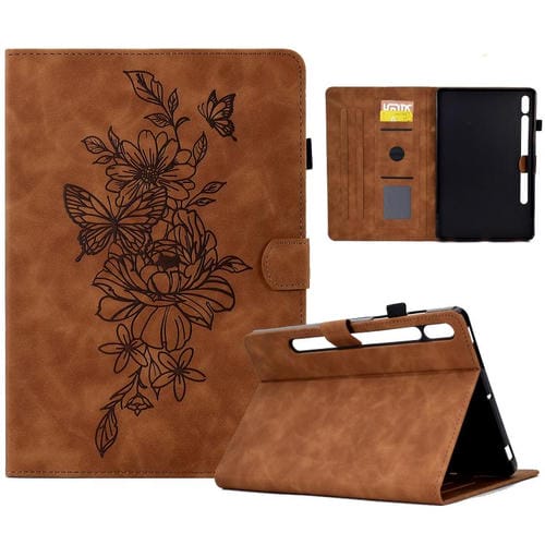 Funda de cuero con relieve de mariposa y peonía para Samsung Galaxy Tab S10 FE+ (marrón)