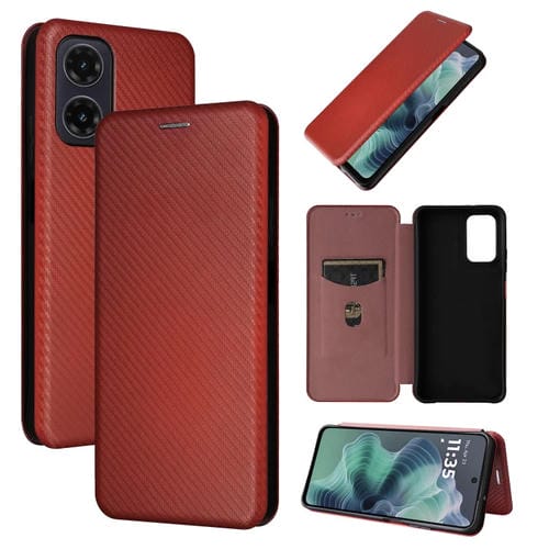 Funda de Cuero con Tapa y Textura de Fibra de Carbono para Motorola Moto G35 (Marrón)