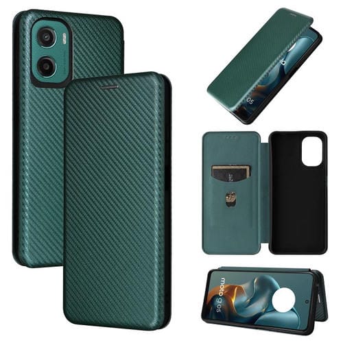 Funda de Cuero con Tapa y Textura de Fibra de Carbono para Motorola Moto G05/E15 (Verde)