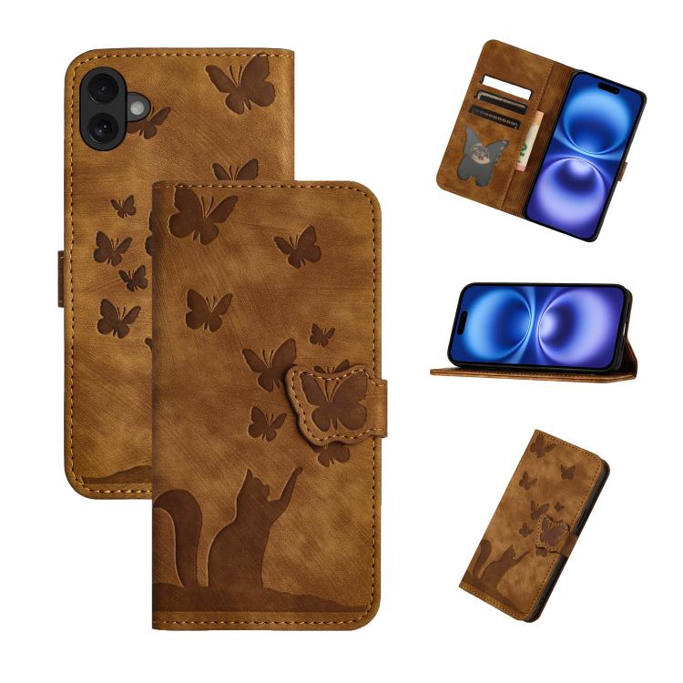 Funda de cuero con tapa y estampado de mariposa y gato para iPhone 17 (marrón)