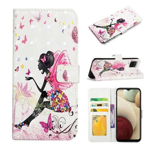 Funda para Teléfono Samsung Galaxy A12 Cuero Dibujo 3D Relieve al Óleo (Hada de Flores)