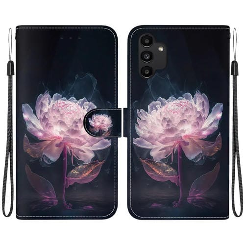 Funda de cuero Samsung Galaxy A13 4G con dibujo coloreado y textura de cristal (Peonía Púrpura)