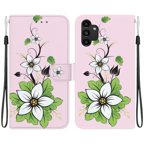 Funda de Cuero Samsung Galaxy A13 4G con Dibujo Coloreado y Textura de Cristal (Lirio)