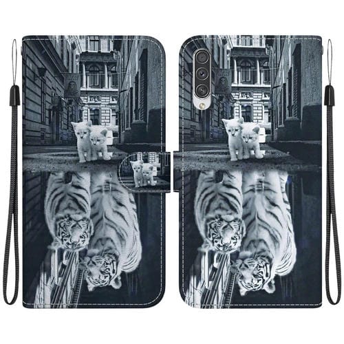 Funda de Cuero Samsung Galaxy A70 A70S Dibujo Coloreado Textura Cristal (Reflejo de Tigre Gato)