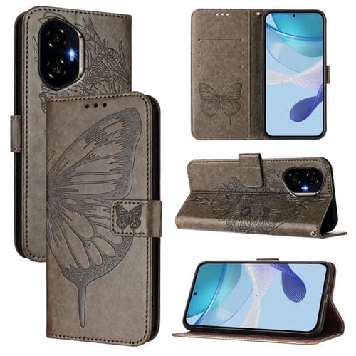 Funda de Cuero para Honor 300 con Mariposa en Relieve (Gris)