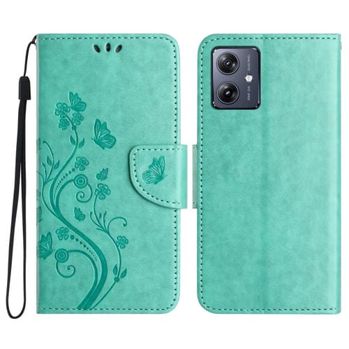 Funda de Cuero con Tapa para Motorola Moto G55 con Diseño de Flores y Mariposas (Verde)