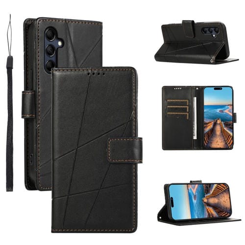 Funda para Teléfono Samsung Galaxy M14 Pu con Línea en Relieve y Textura de Cuero Genuino (Negro)