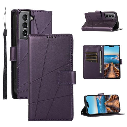 Funda para Teléfono Samsung Galaxy S21 5G PU con Línea En Relieve Textura Cuero Genuino (Púrpura)