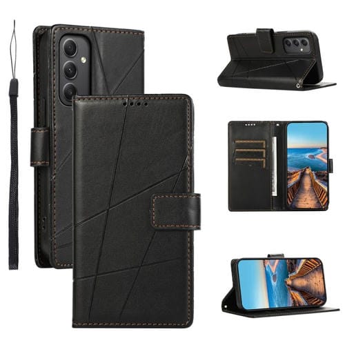 Funda para Teléfono Samsung Galaxy A35 con Línea en Relieve y Textura de Cuero Genuino (Negro)