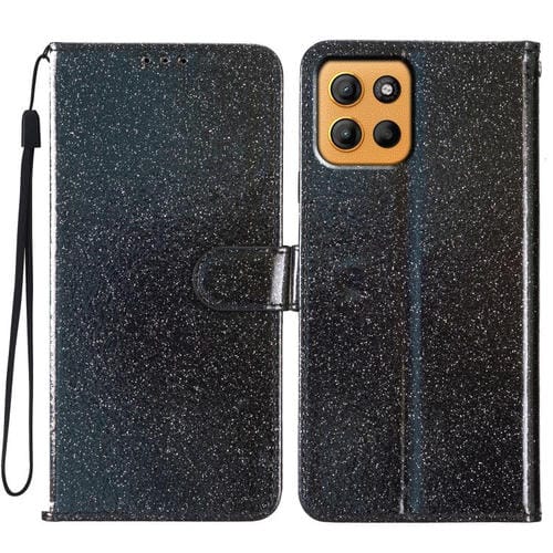 Funda de Cuero con Tapa y Purpurina para Motorola Moto G15 (Negra)