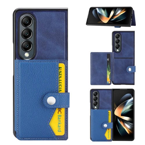 Funda para teléfono Samsung Galaxy Z Fold4 5G con tarjetero y botón patrón Litchi (Azul)