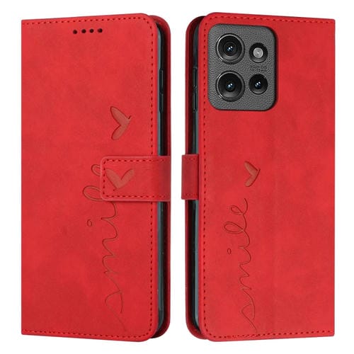 Funda de Piel con Relieve de Corazón para Motorola Edge 50 con Cordón Largo (Rojo)