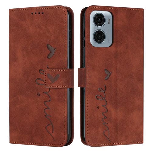 Funda de Piel con Relieve de Corazón y Cordón Largo para Motorola Moto G05 (Marrón)