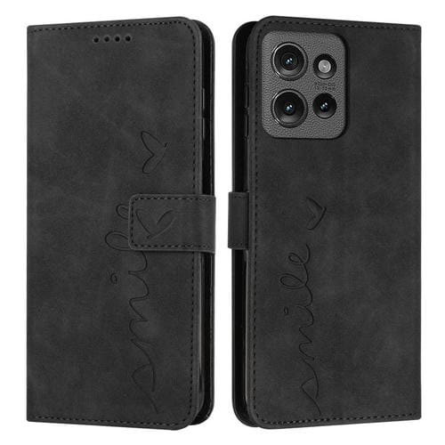 Funda de Piel con Relieve de Corazón y Cordón Largo para Motorola Moto G 5G (2025) (Negro)