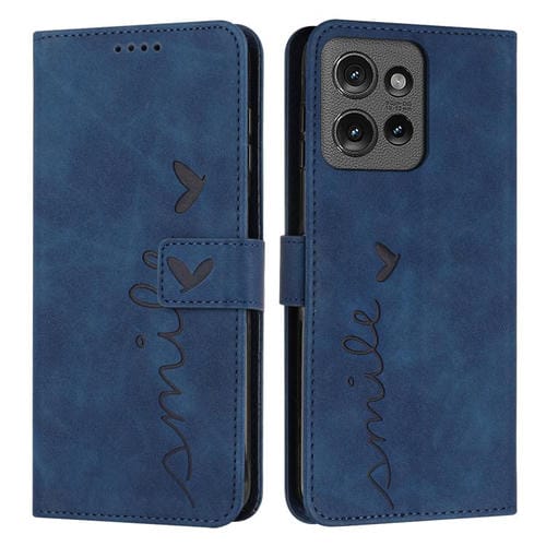 Funda de Piel con Relieve de Corazón y Cordón Largo para Motorola Moto G 5G (2025) (Azul)