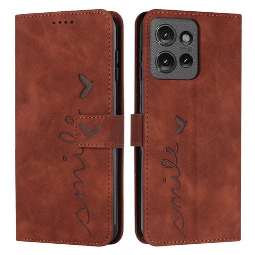 Funda de Piel con Relieve de Corazón para Motorola Moto G 5G (2025) con Cordón Largo (Marrón)