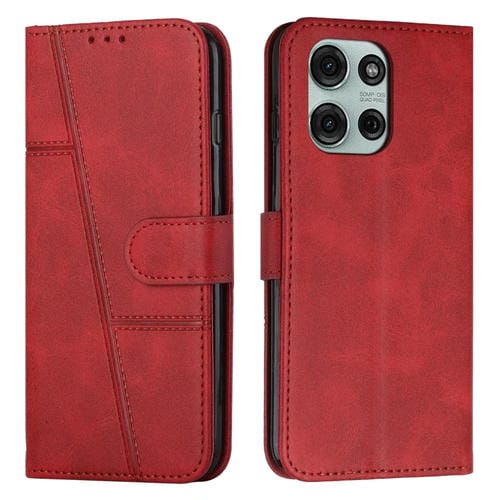 Funda de Cuero Textura de Becerro con Costuras para Motorola Moto G75 (Rojo)