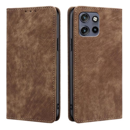 Funda de Cuero Magnética con Cepillo Antirrobo RFID para Motorola Edge 50 Neo 5G (Marrón)