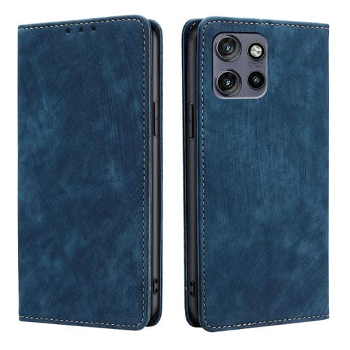 Funda de Cuero Magnética con Cepillo Antirrobo Rfid para Motorola Edge 50 Neo 5G (Azul)