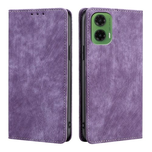 Funda de Cuero Magnética con Cepillo Antirrobo RFID para Motorola Moto G35 5G (Morado)