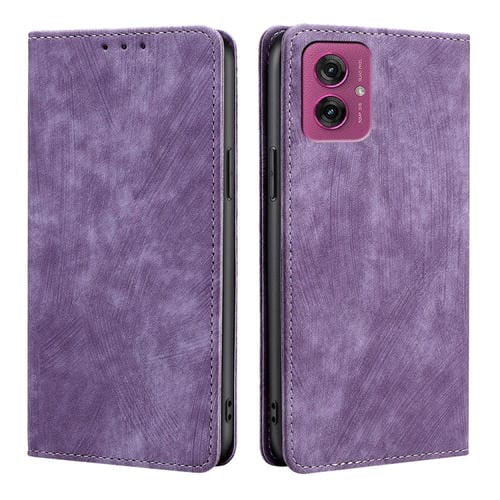 Funda de Cuero Magnética con Cepillo Antirrobo Rfid para Motorola Moto G55 5G (Morado)