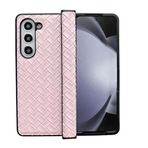 Funda para Teléfono Samsung Galaxy Z Fold5 Juego de Tres Piezas PU Plegable con Textura Tejida (Rosa)