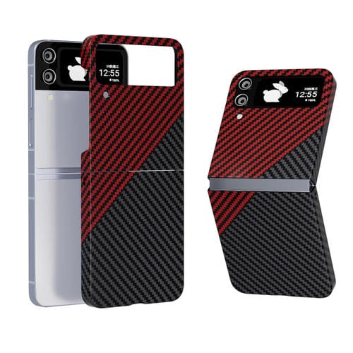 Funda Protectora Samsung Galaxy Z Flip4 Textura Fibra de Carbono con Calcomanía (Gris Rojo)