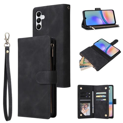Funda de Cuero Samsung Galaxy A05S con Billetera y Cremallera Esmerilada Multifuncional (Negro)