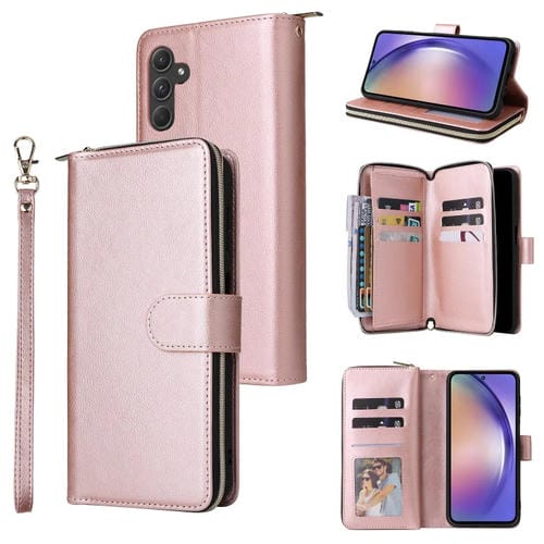 Funda para Teléfono Samsung Galaxy A55 Cuero Bolsa Billetera Cremallera Ranuras para 9 Tarjetas (Oro Rosa)
