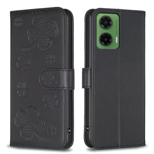 Funda de Cuero con Relieve de Cuatro Hojas para Motorola Moto G35 (Negra)