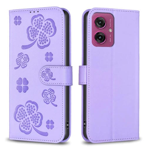 Funda de Cuero con Relieve de Cuatro Hojas para Motorola Moto G55 (Morado)