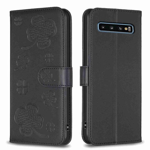 Funda para Samsung Galaxy S10 Cuero Relieve Cuatro Hojas (Negro)