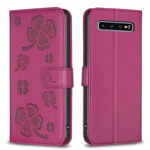 Funda de Cuero Samsung Galaxy S10 con Relieve de Cuatro Hojas (Rojo Rosa)