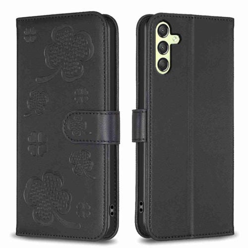 Funda de Cuero Samsung Galaxy A24 4G con Relieve de Cuatro Hojas (Negro)