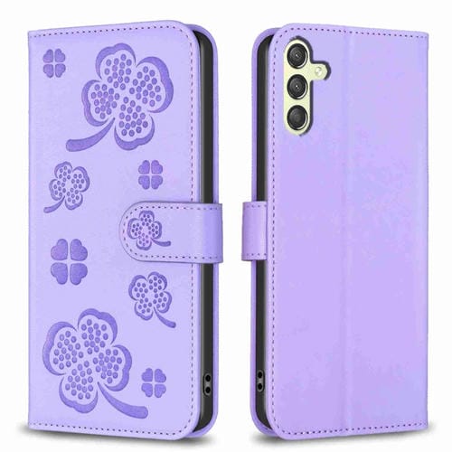 Funda de Cuero Samsung Galaxy A24 4G con Relieve de Cuatro Hojas (Púrpura)