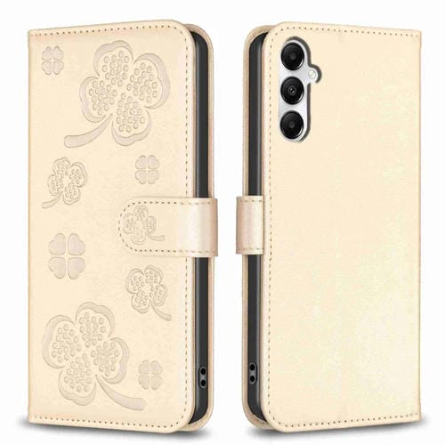 Funda de Cuero para Samsung Galaxy A35 con Relieve de Cuatro Hojas (Dorado)