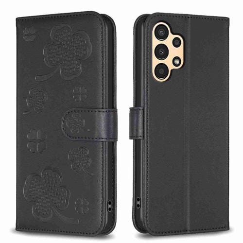Funda para Samsung Galaxy A52 Cuero con Relieve de Cuatro Hojas (Negro)