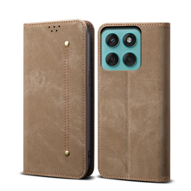 Funda de cuero con tapa y textura vaquera para Motorola Edge 60 (caqui)