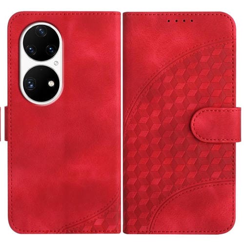 Funda de Cuero Huawei P50 Pro con Relieve de Cabeza de Elefante y Cordón (Rojo)