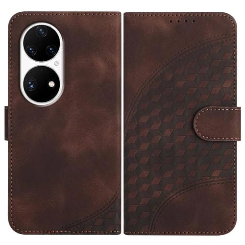 Funda de Cuero con Relieve Cabeza de Elefante para Huawei P50 Pro con Cordón (Café)