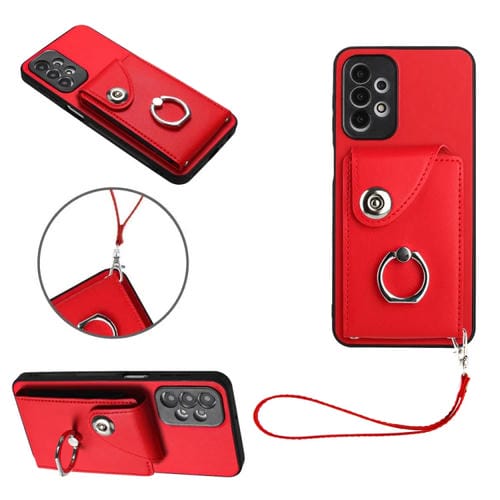Funda para Teléfono Samsung Galaxy A13 4G Pu con Soporte para Anillo y Bolsa para Tarjeta con Cordón (Rojo)