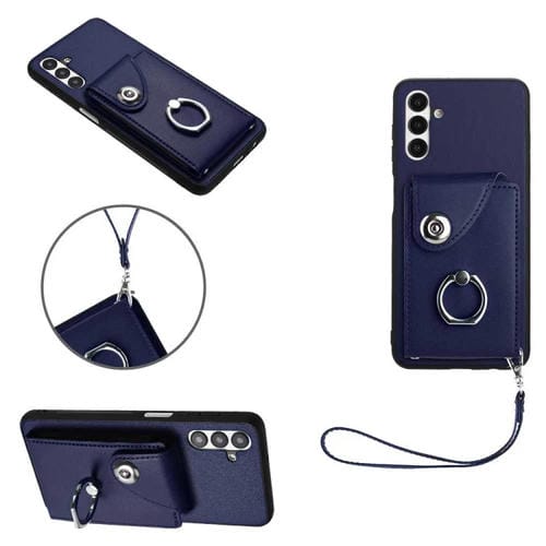 Funda para Samsung Galaxy A13 5G y A04S de PU con Soporte para Anillo y Bolsa para Tarjeta con Cordón (Azul)