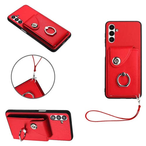 Funda para Teléfono Samsung Galaxy A13 5G y A04S de PU con Soporte para Anillo y Bolsa para Tarjeta con Cordón (Rojo)