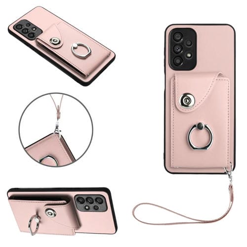 Funda para Teléfono Samsung Galaxy A52 4G / 5G Pu con Soporte para Anillo y Bolsa para Tarjeta con Cordón (Rosa)