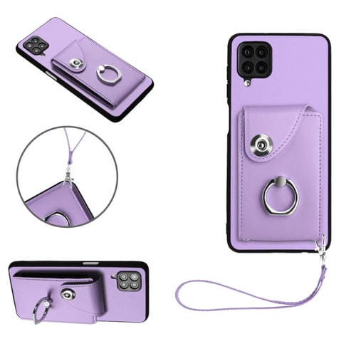 Funda para Teléfono Samsung Galaxy A12 de PU con Soporte para Anillo y Bolsa para Tarjeta con Cordón (Púrpura)