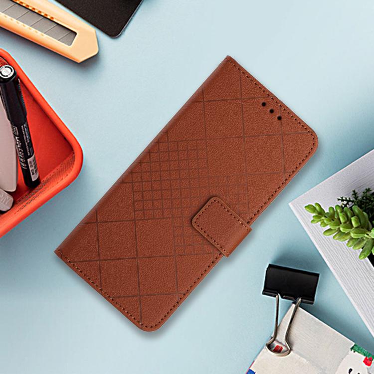 Funda de Cuero con Textura de Cuadrícula Rómbica para OnePlus 13 (Marrón)